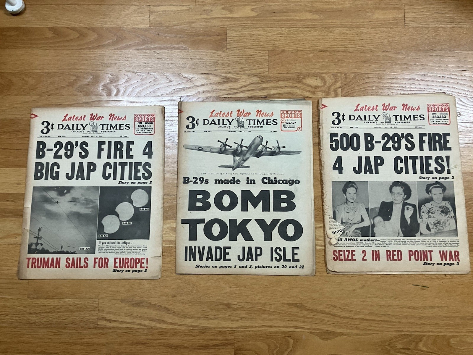 VINTAGE-UNIQUE- CHICAGO DAILY TIMES NEWS 1940s WW2*B29 BOMBER HEADLINES* Lot (3)