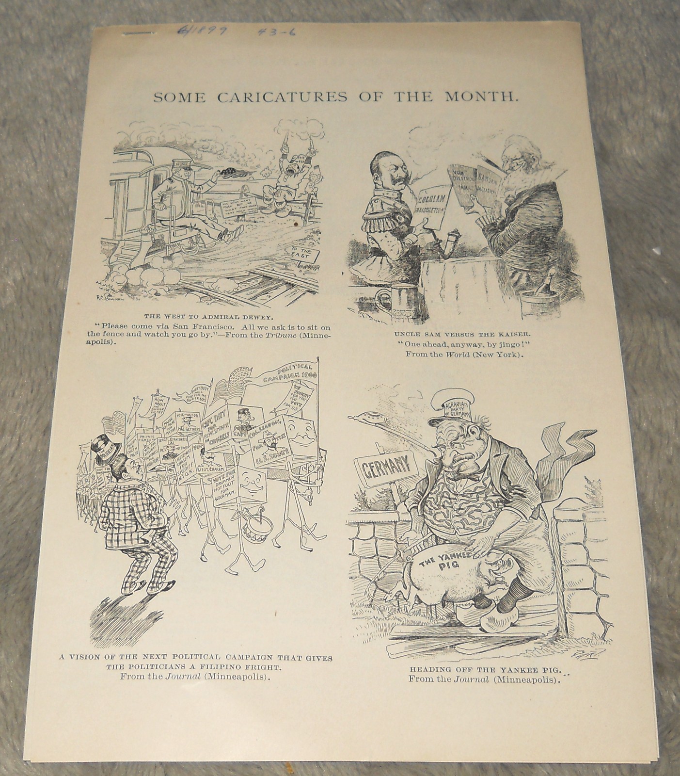 Vintage 1899 Political Cartoon Prints Spanish American War Admiral Dewey Kaiser