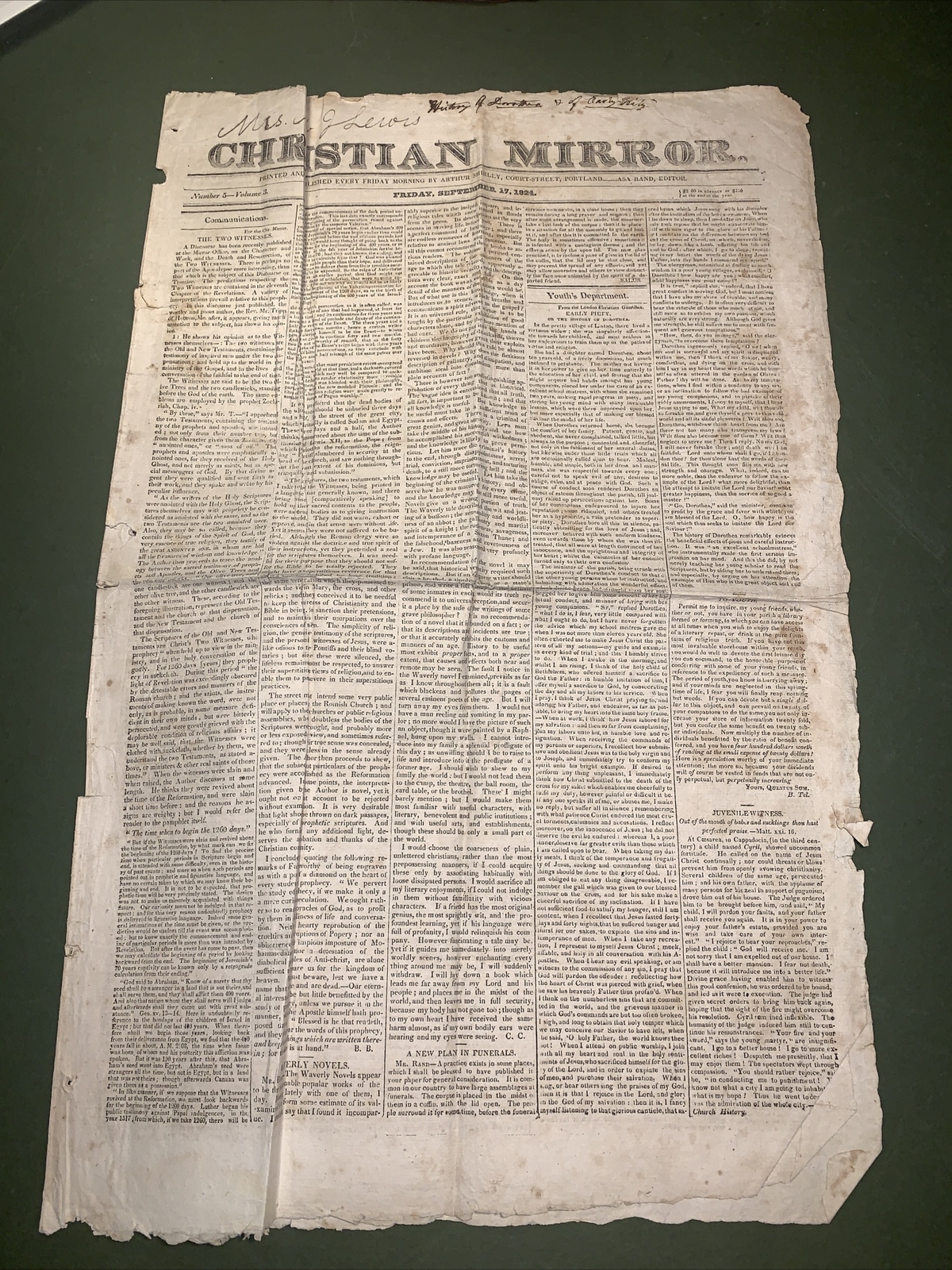 1824 Antique Newspaper ~ The Christian Mirror ~ Portland, Maine Old News History