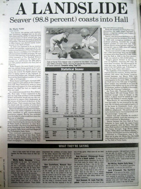BEST 1992 newspaper New York Mets TOM SEAVER Voted into BASEBALL HALL OF FAME