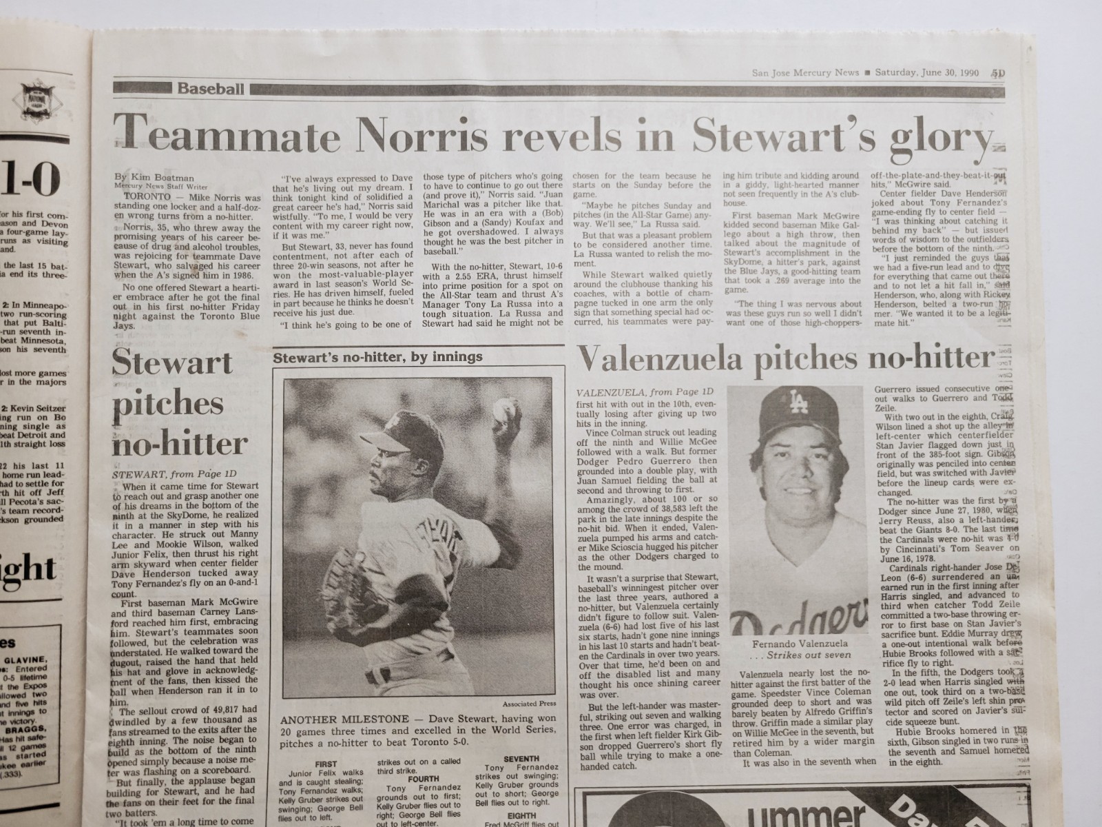 1990 Jun 30: MLB STEWART & VALENZUELA Toss No-Hitters! San Jose Mercury News