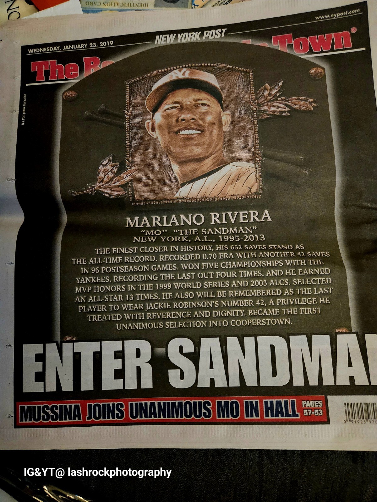 2019 JANUARY 23 NEW YORK POST NEWSPAPER – MARIANO RIVERA ELECTED TO HALL OF FAME
