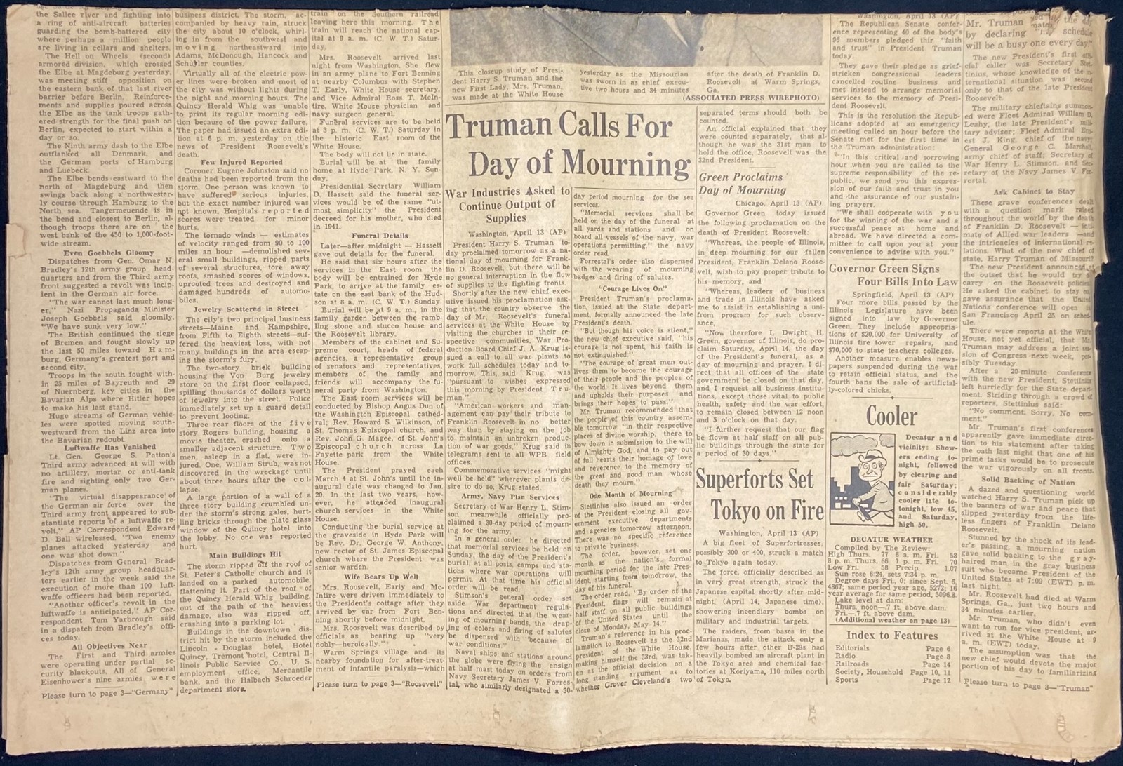 DECATUR Illinois HERALD April 13, 1945 – Truman Succeeds Roosevelt World War II