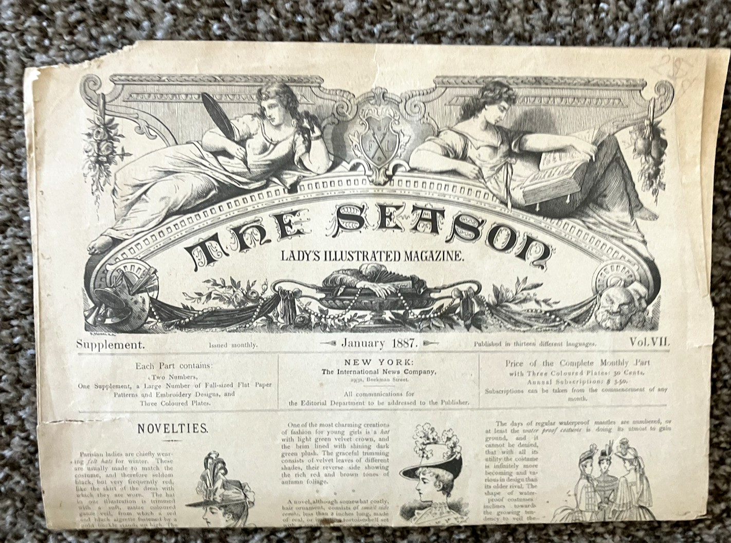 JANUARY, 1887, THE SEASON: Ladies Illustrated Magazine – 4 Page Supplement