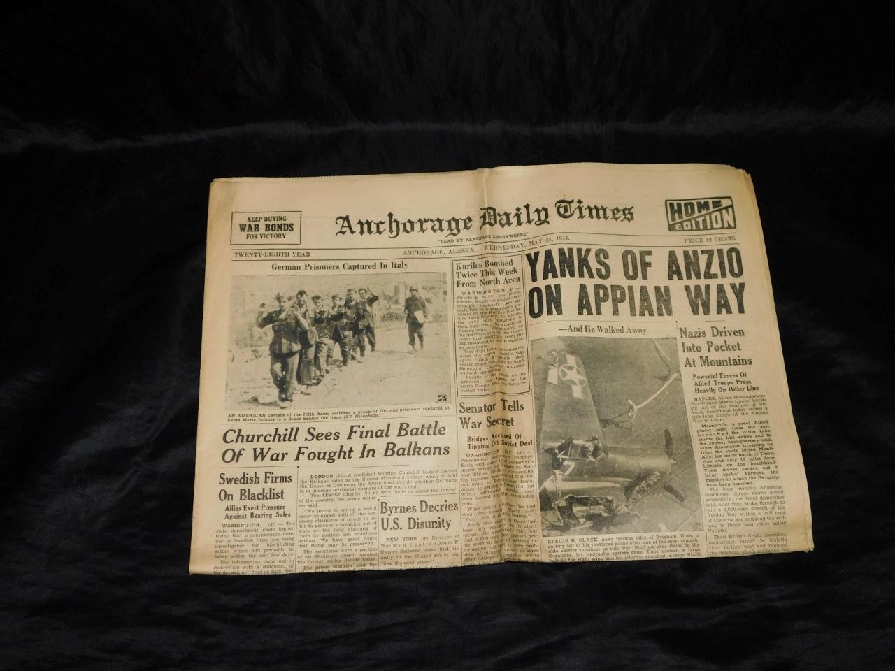May 24 1944 Anchorage Alaska Newspaper WW2 Anzio Appian Way Italy Kuriles Bombed