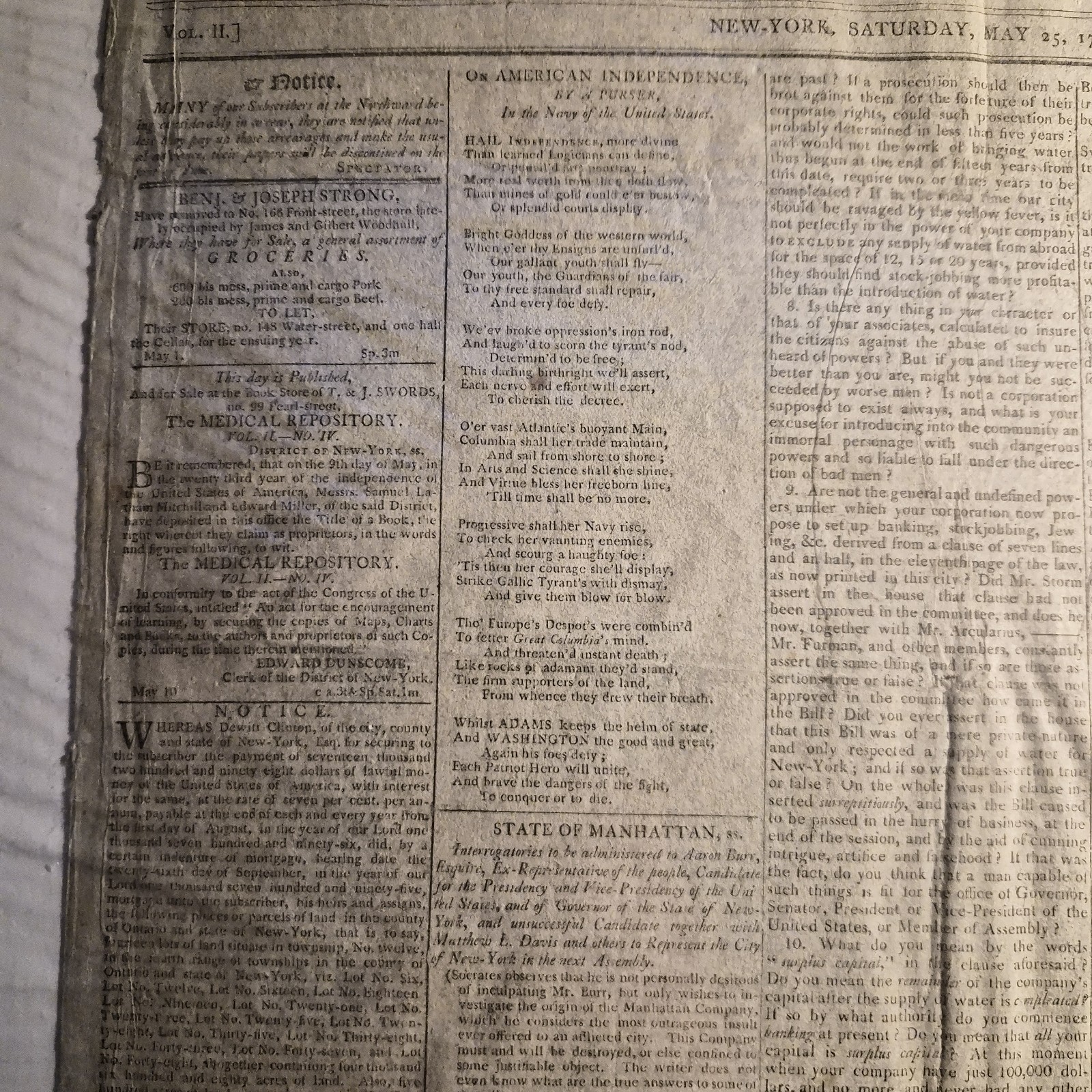 The Spectator Vol. II/2 Number 174 New York, Saturday May 25 1799 Newspaper
