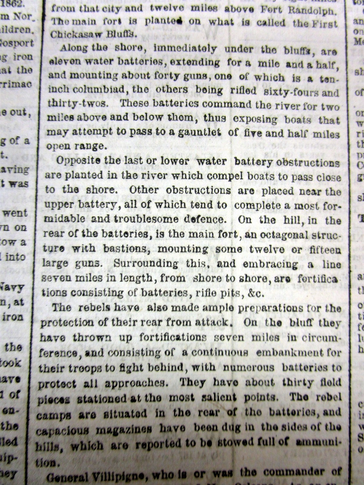 1862 Civil War newspaper w MAP MEMPHIS Tennessee -Ft Wright on MISSISSIPPI RIVER