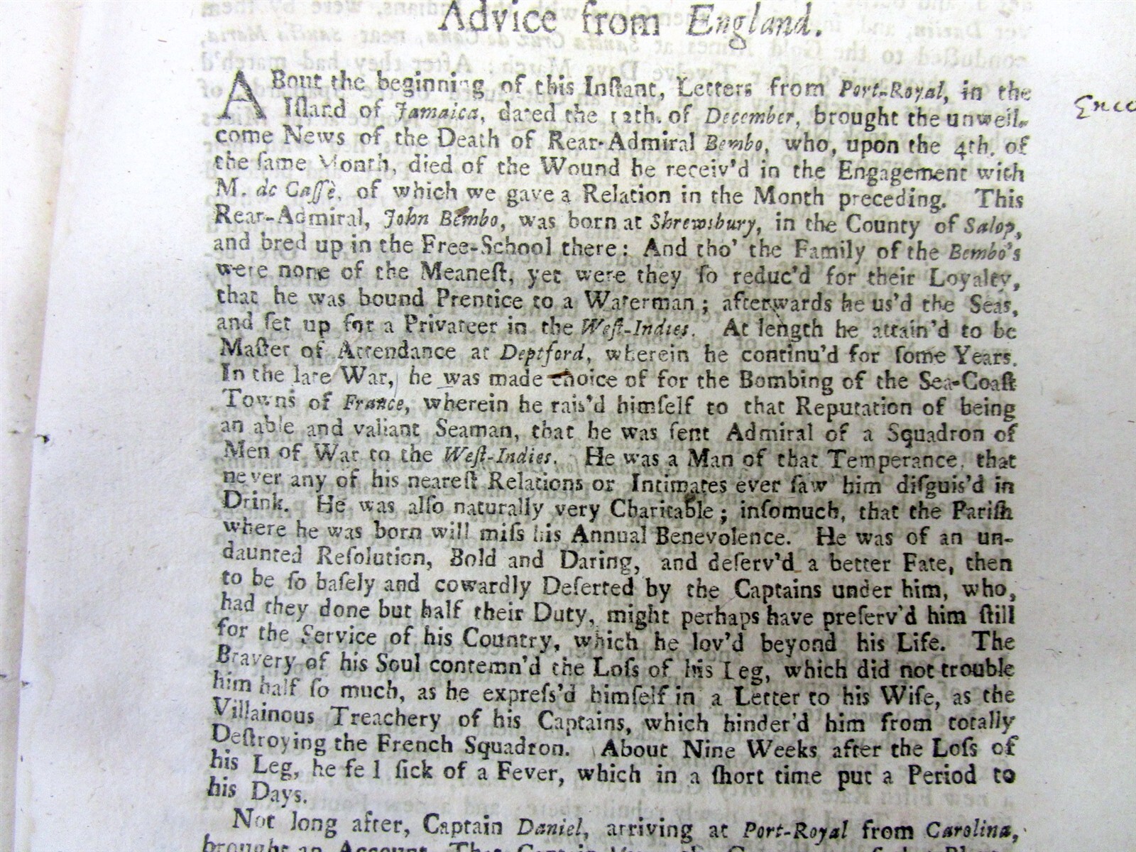 1703 newspaper / news book QUEEN ANNES WAR Colonial War in America NAVAL BATTLE