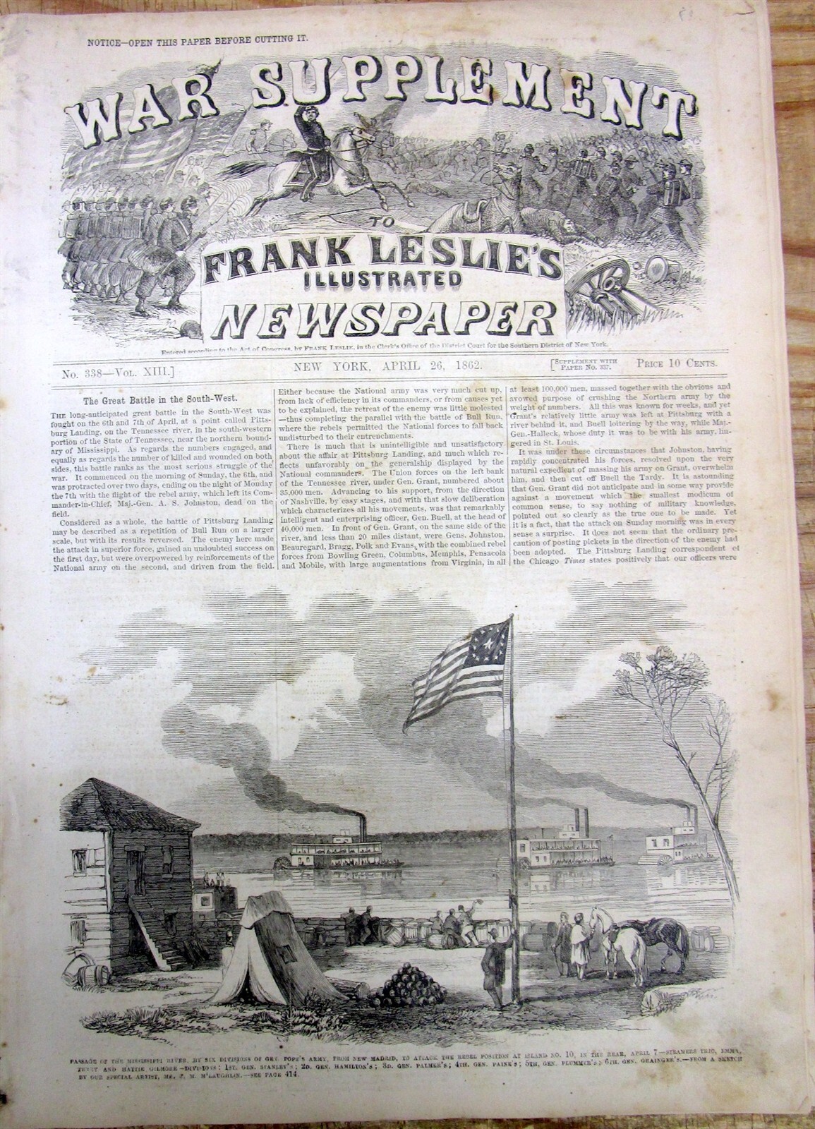 1862 Leslie’s Illustrated newspaper “EXTRA” Civil War BATTLE OF SHILOH Tennessee
