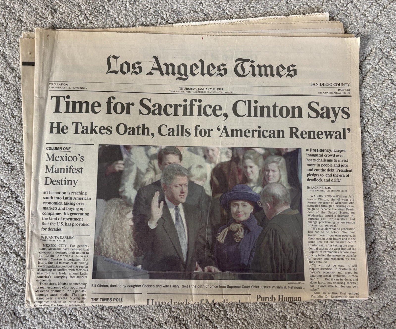 Bill Clinton Sworn In Jan 21, 1993 Los Angeles Times Newspaper