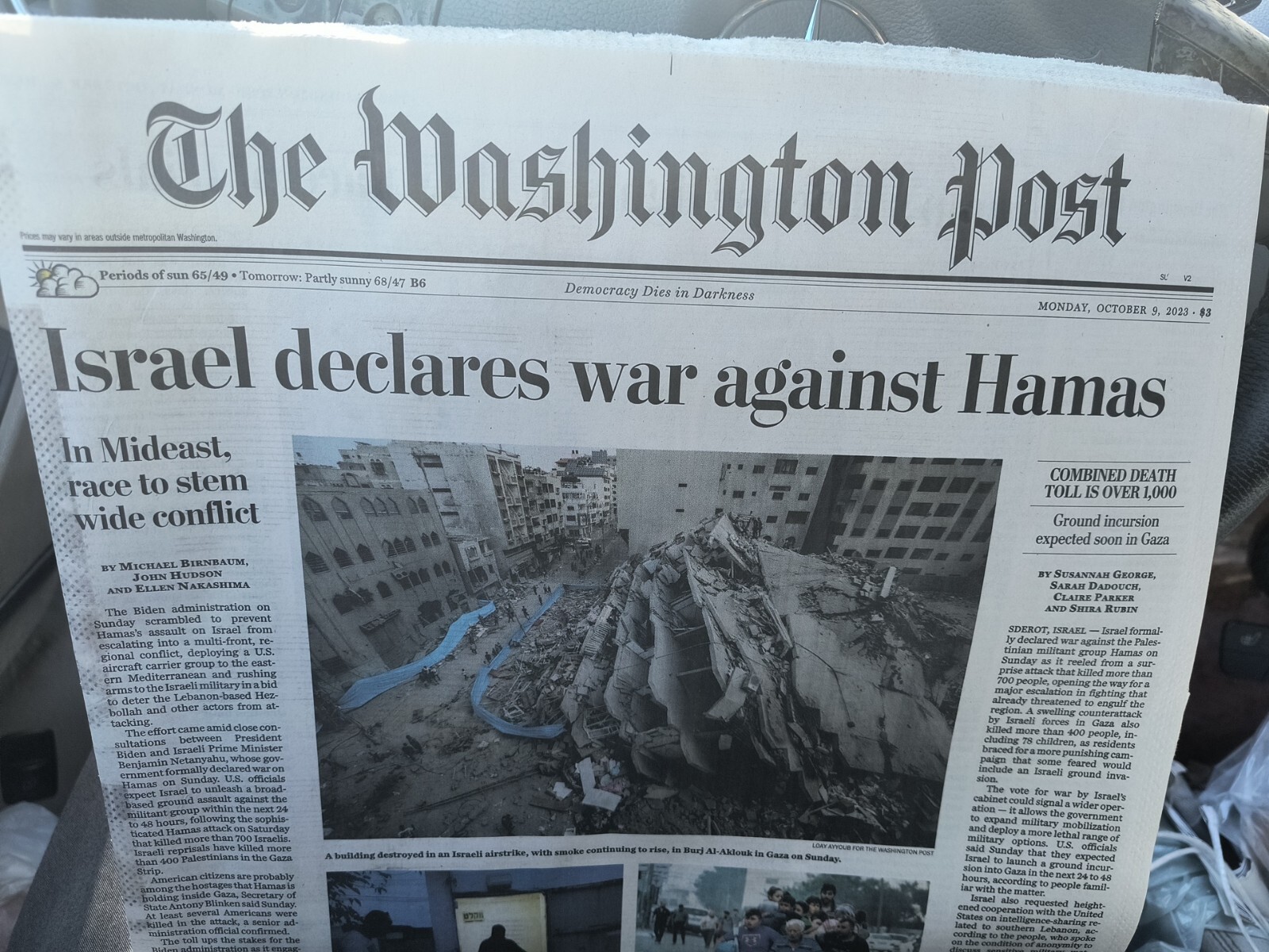 The Washington Post Monday October 9 2023 Israel declares war against Hamas