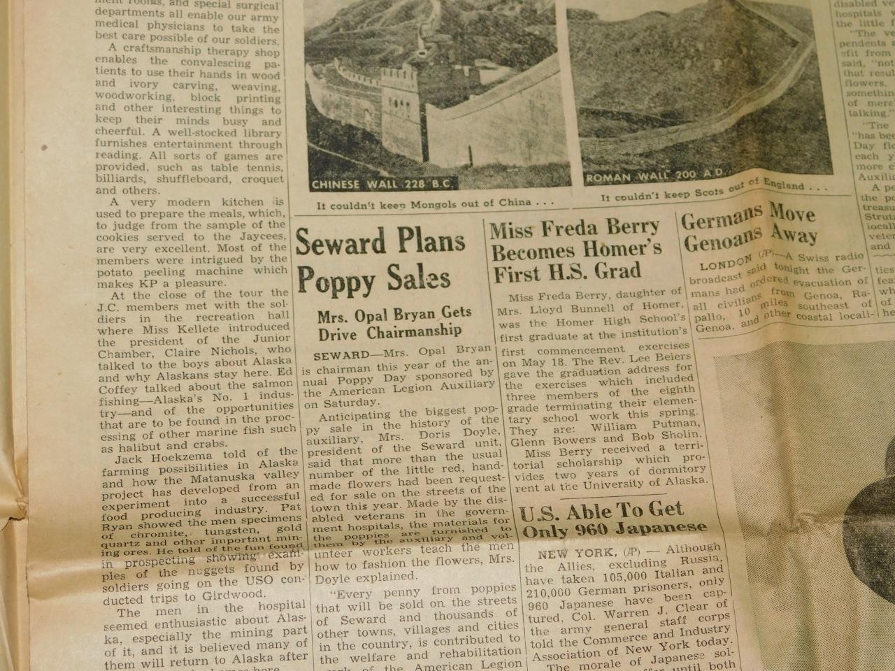 May 24 1944 Anchorage Alaska Newspaper WW2 Anzio Appian Way Italy Kuriles Bombed