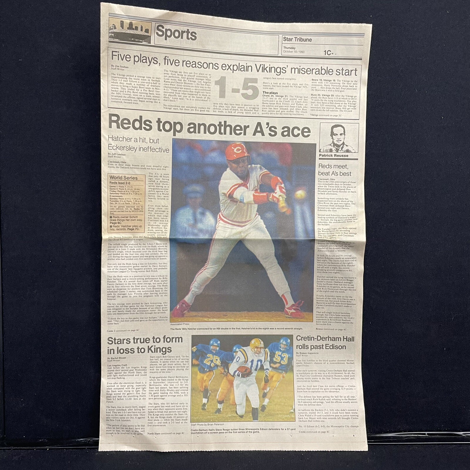 Star Tribune Newspaper Sports Page Cincinnati Reds MLB Game 2 World Series 1990