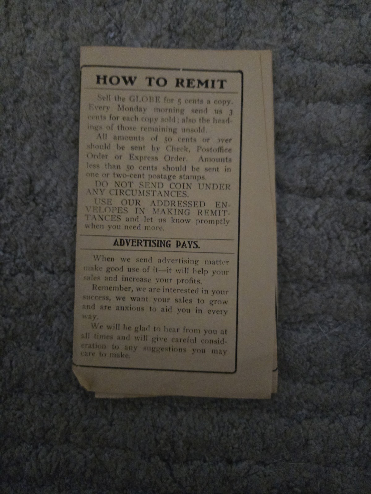 Vintage 1900s Utica New York Saturday Globe Agents Terms And Post Card
