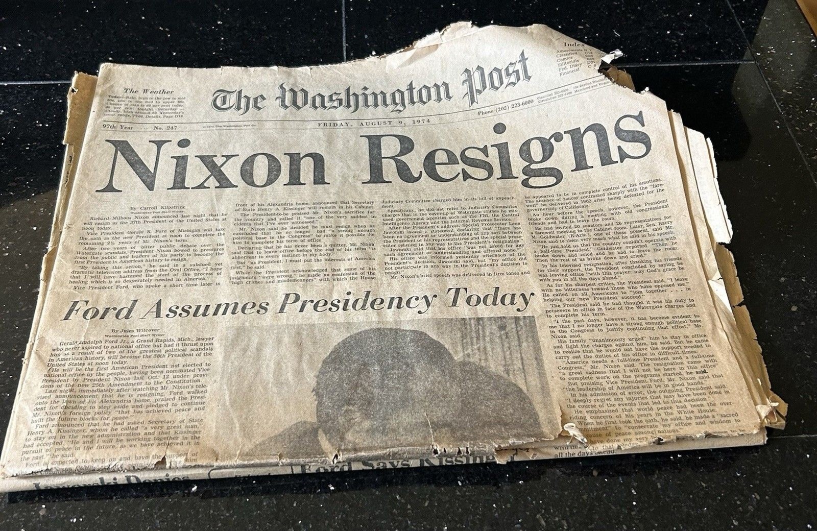 Vintage: The Washington Post newspaper with headline Nixon Resigns – 1974