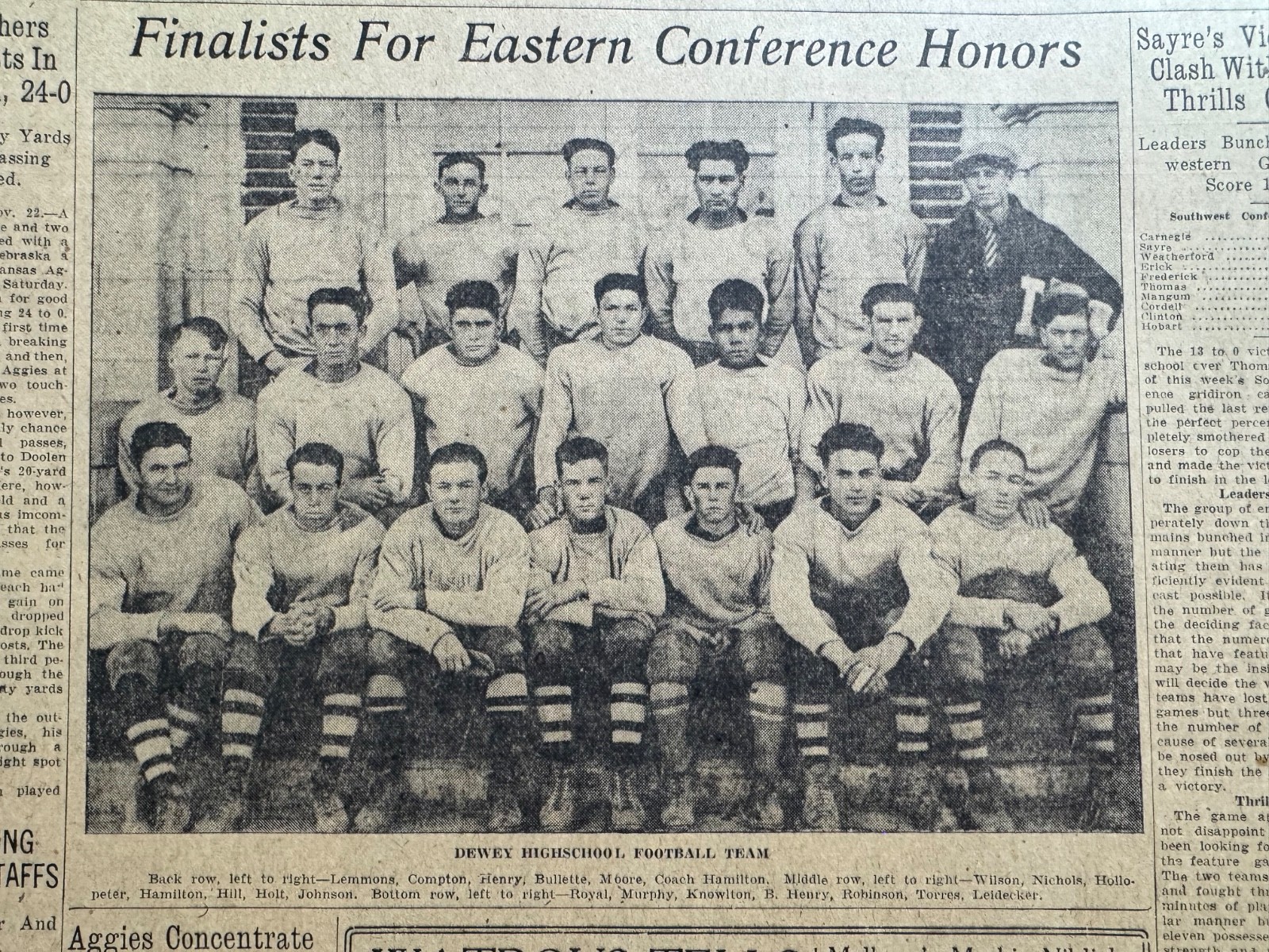 1924 DEWEY, OKLA. HIGHSCHOOL FOOTBALL TEAM OKLA. CITY NEWSPAPER PAGE