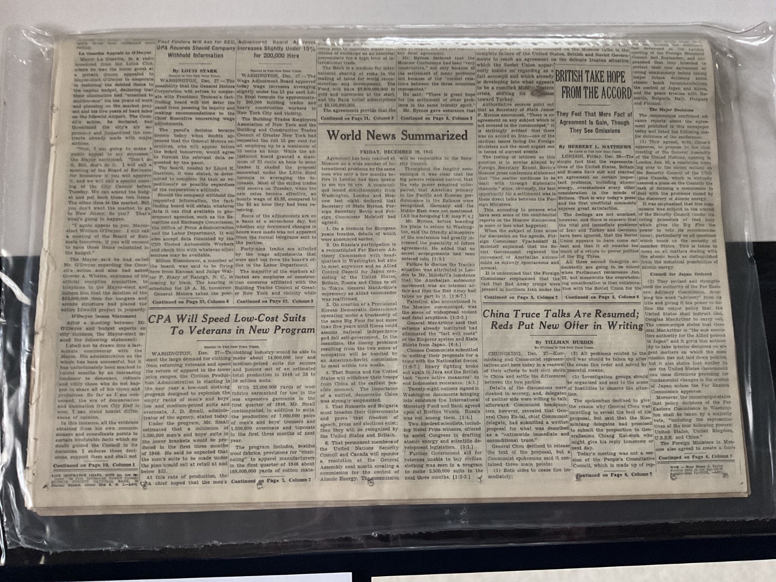 NEW YORK TIMES DECEMBER 28, 1945 PRESERVED BY HISTORIC NEWSPAPER ARCHIVES W/COA