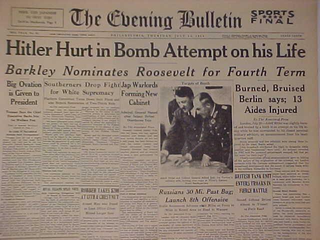VINTAGE NEWSPAPER HEADLINE WORLD WAR 2 GERMAN NAZI HITLER HURT BOMBED WWII 1944