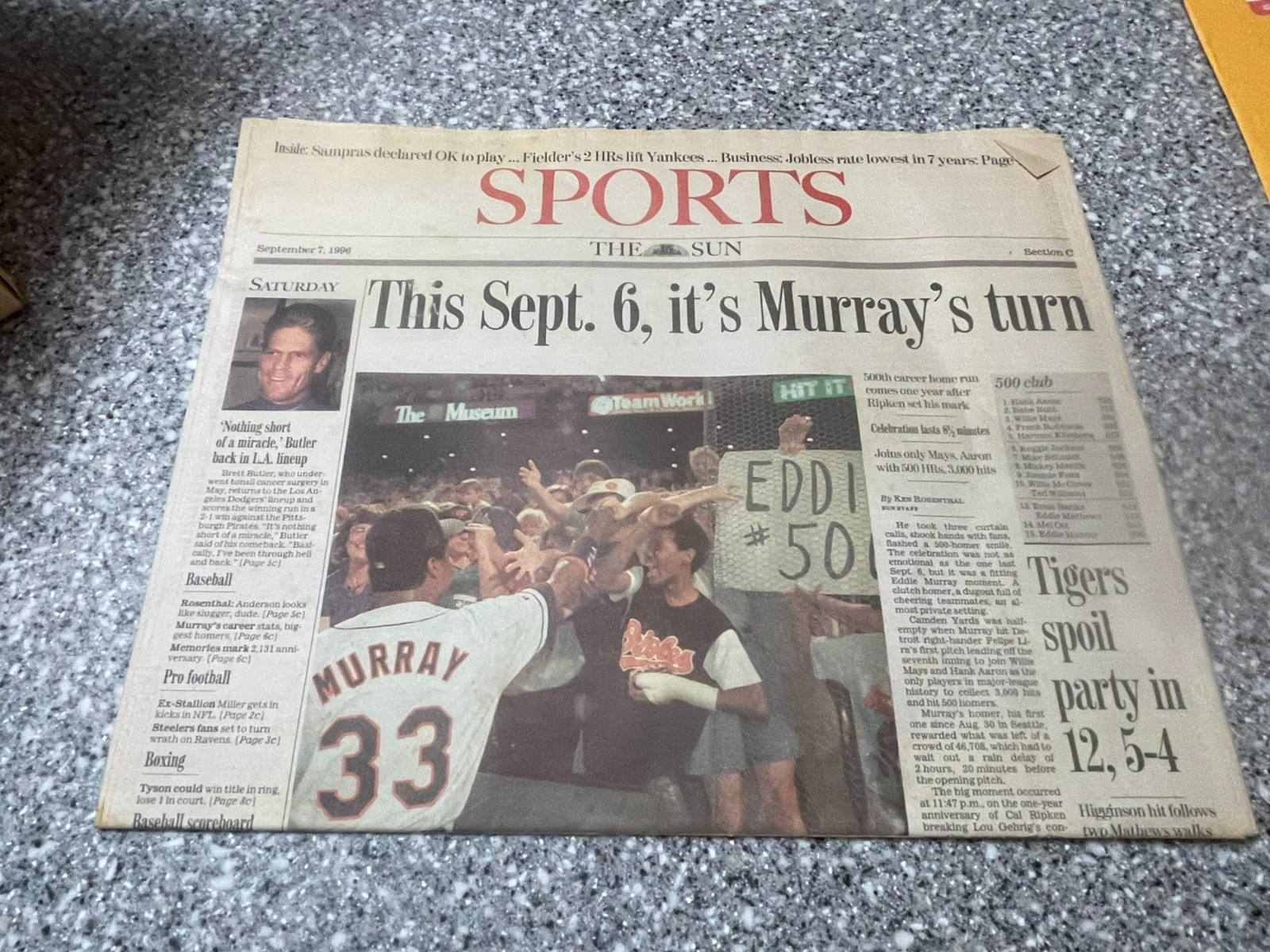 1996 Eddie Murray 500th Home Run Collectible Baltimore Sun Newspaper