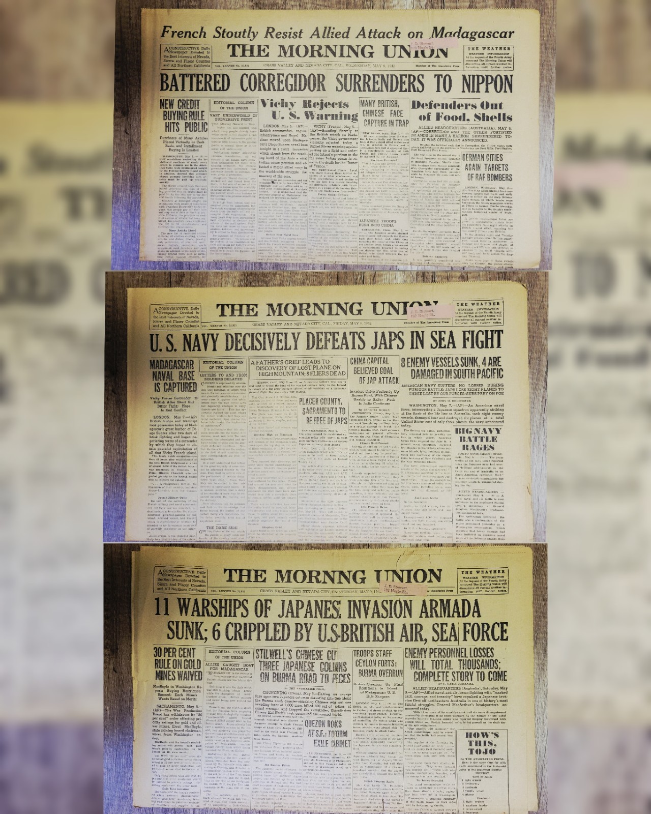 1942 May: Morning Union (NV/CA) Pacific U.S. Navy Japan / World War 2 Headlines