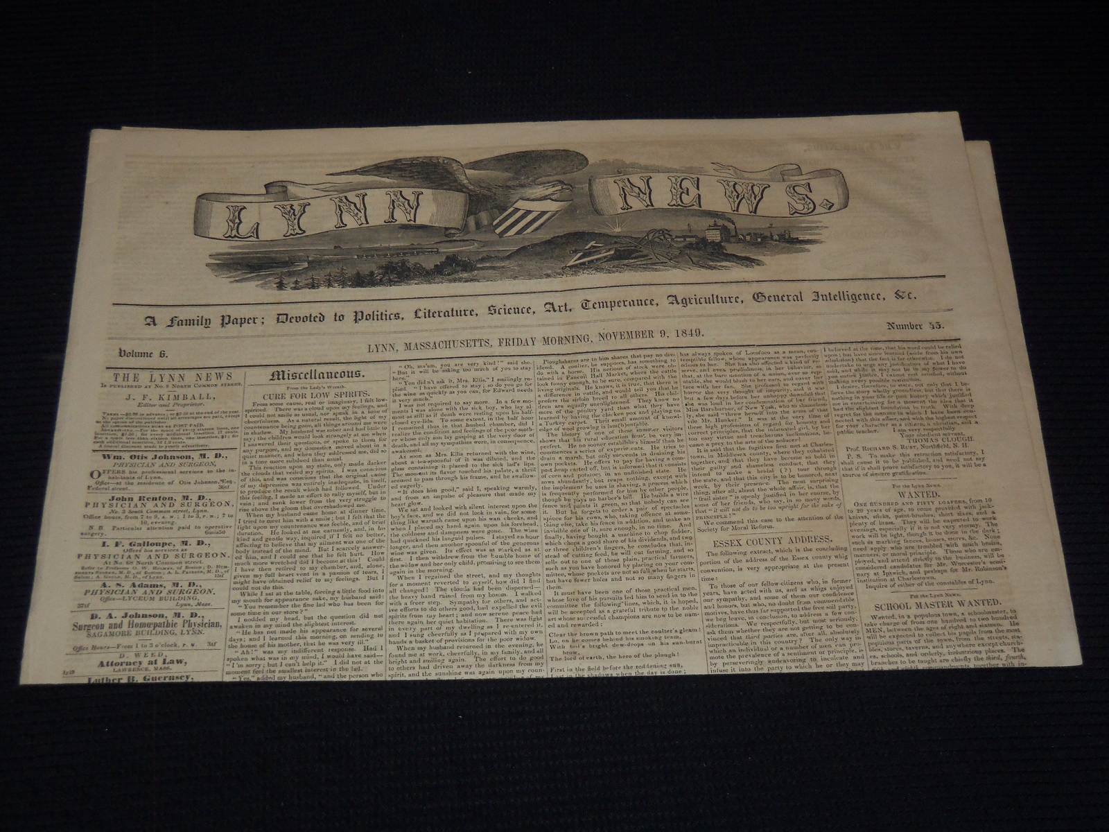1849 NOVEMBER 9 LYNN NEWS NEWSPAPER – WIG NOMINATIONS – MASSACHUSETTS – NP 4252P