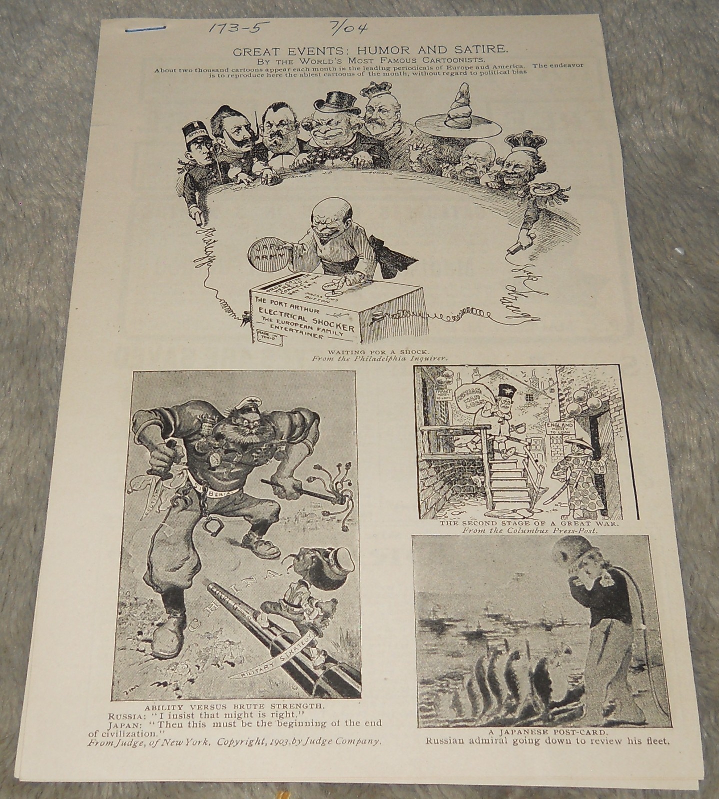 1904 Antique Russo-Japanese War Political Cartoons 3 Page Lot Port Arthur Russia
