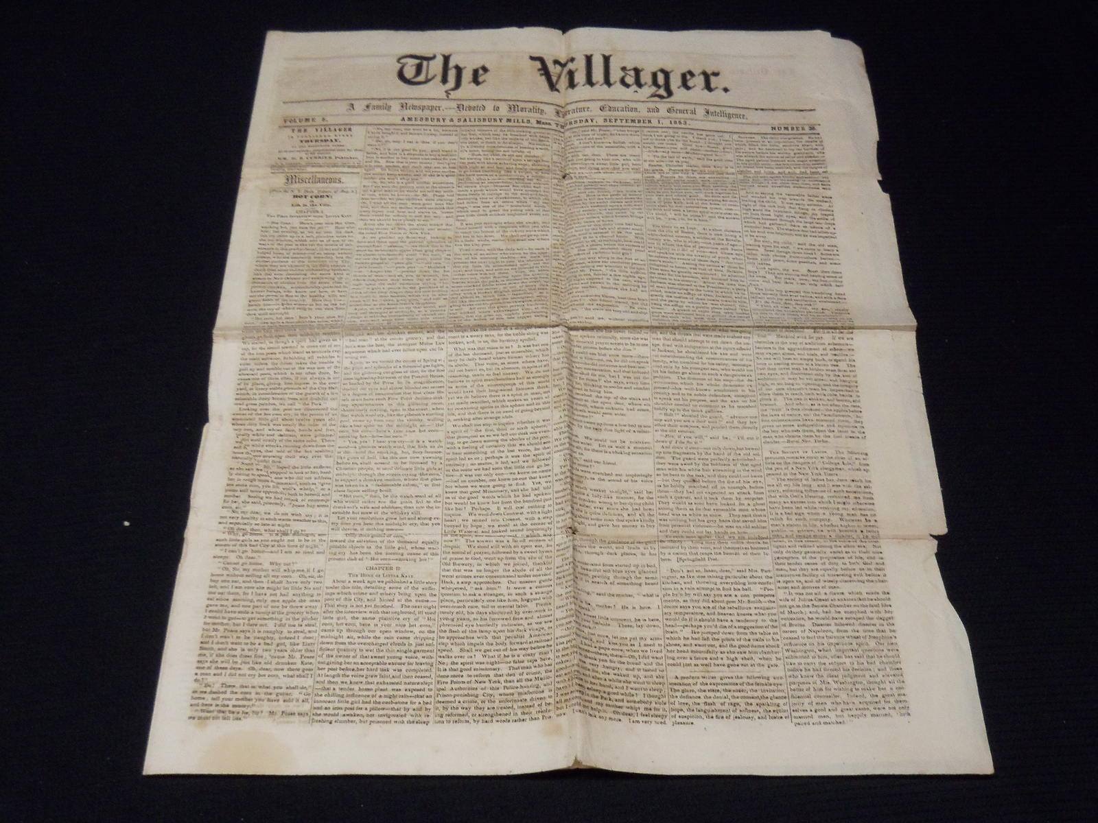1853 SEPTEMBER 1 THE VILLAGER NEWSPAPER – MASSACHUSETTS – K 57