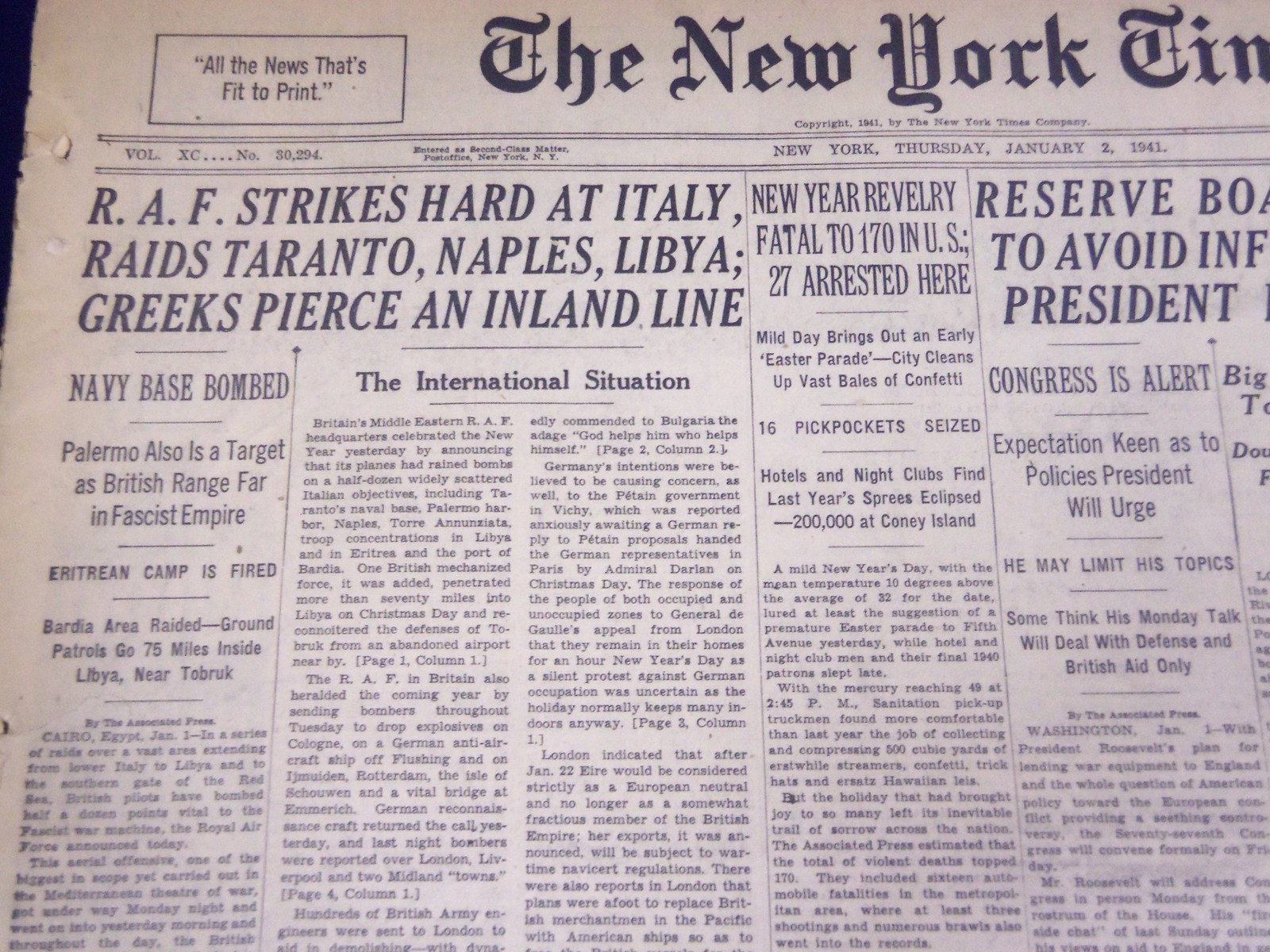1941 JAN 2 NEW YORK TIMES – R. A. F. STRIKES HARD AT ITALY – NT 1082