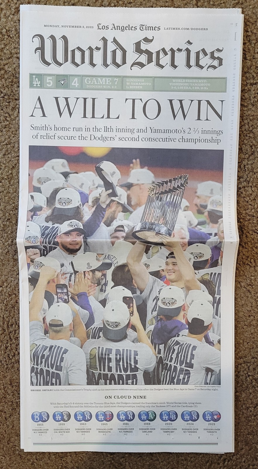 Los Angeles Times November 3, 2025 Colectible LA Dodgers MLB World Series Win