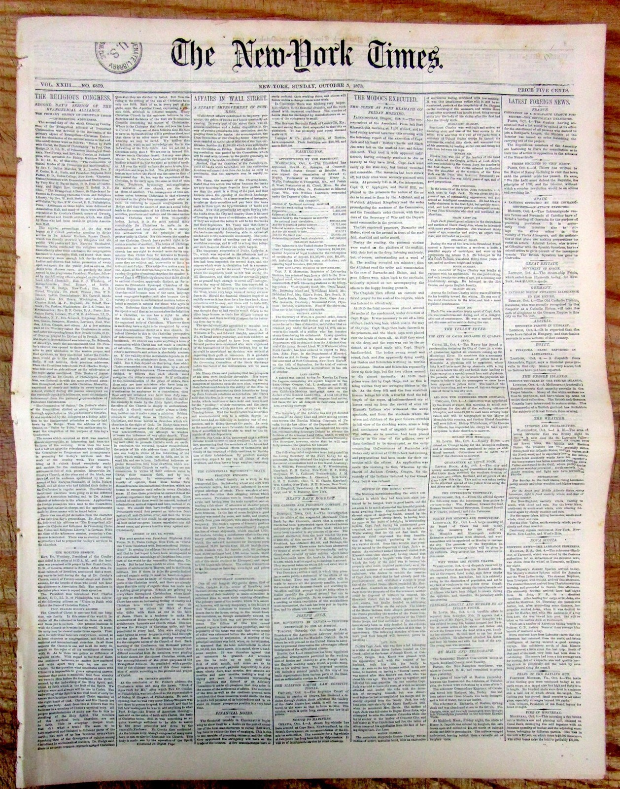 1873 NY Times newspaper The MODOC INDIAN WAR ENDS with HANGING of the LEADERS