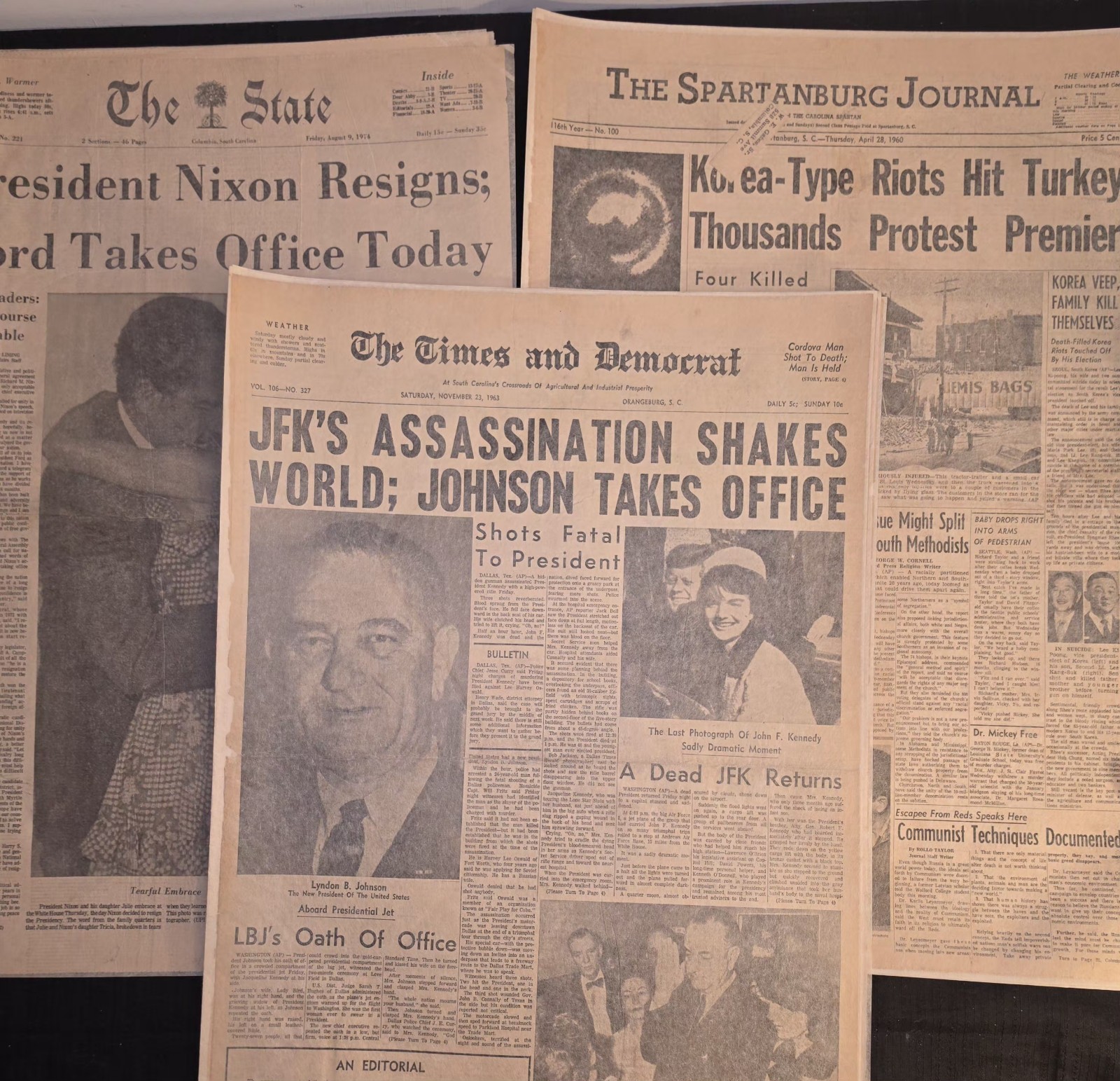 Vintage SC Newspaper Lot (3) 1963 JFK Assassination 1974 Nixon Resigns Archival