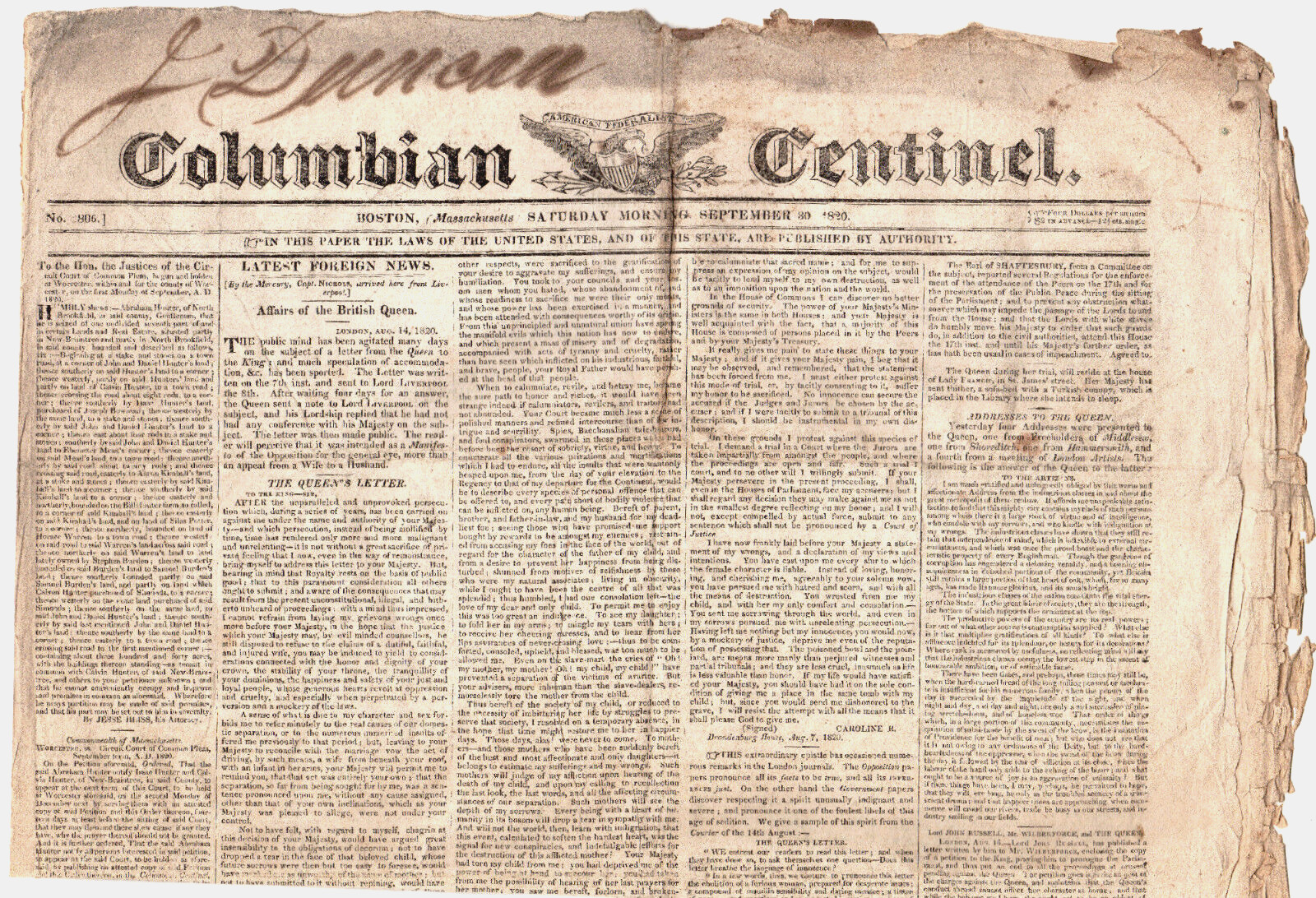 Columbian Centinel, September 30, 1820, No. 3806, Boston, Massachusetts