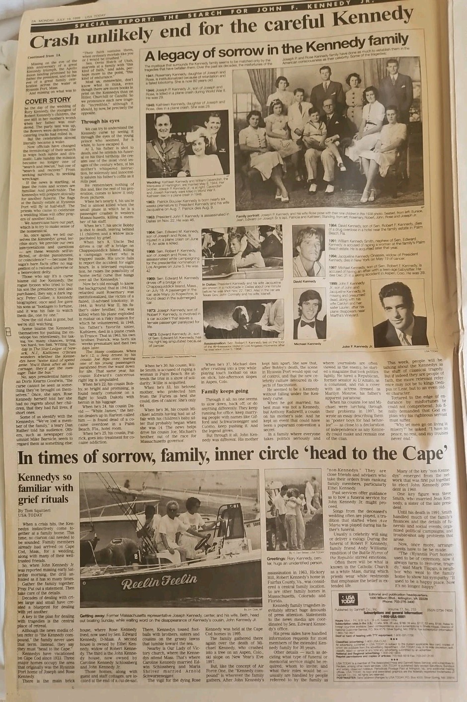USA TODAY – July 19, 1999 – “JFK Jr, Wife Likely Dead” Plane Crash