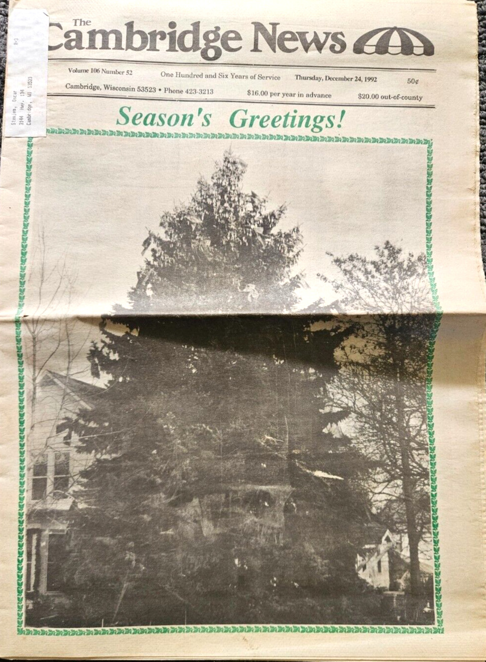 The Cambridge News Wisconsin 53523 Newspaper Dec 24 1992 Serviced the great area