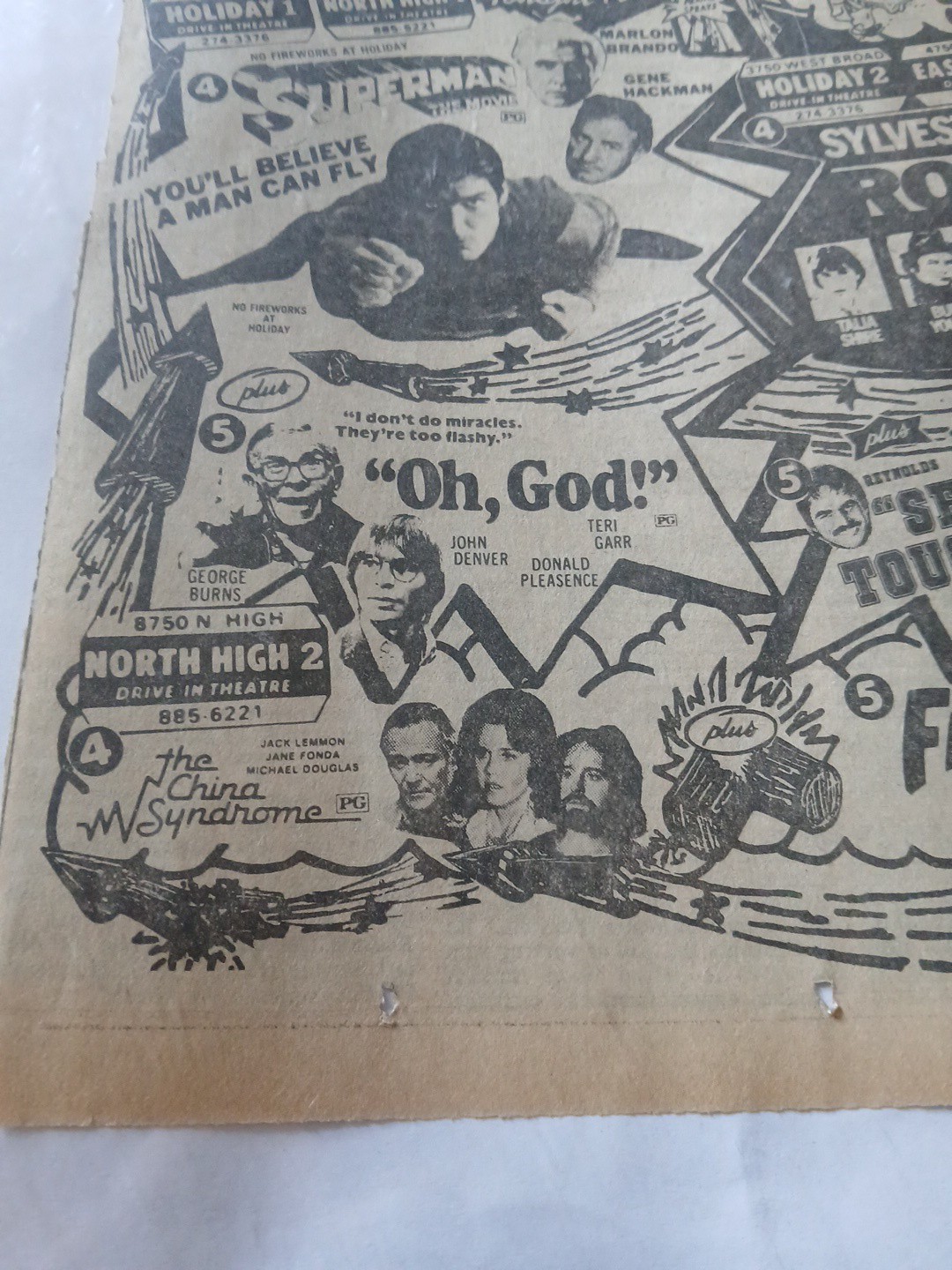 VERY COOL DRIVE IN Newspaper AD 1979 SUPERMAN ROCKY 2 OH GOD THE 3 STOOGES VTG