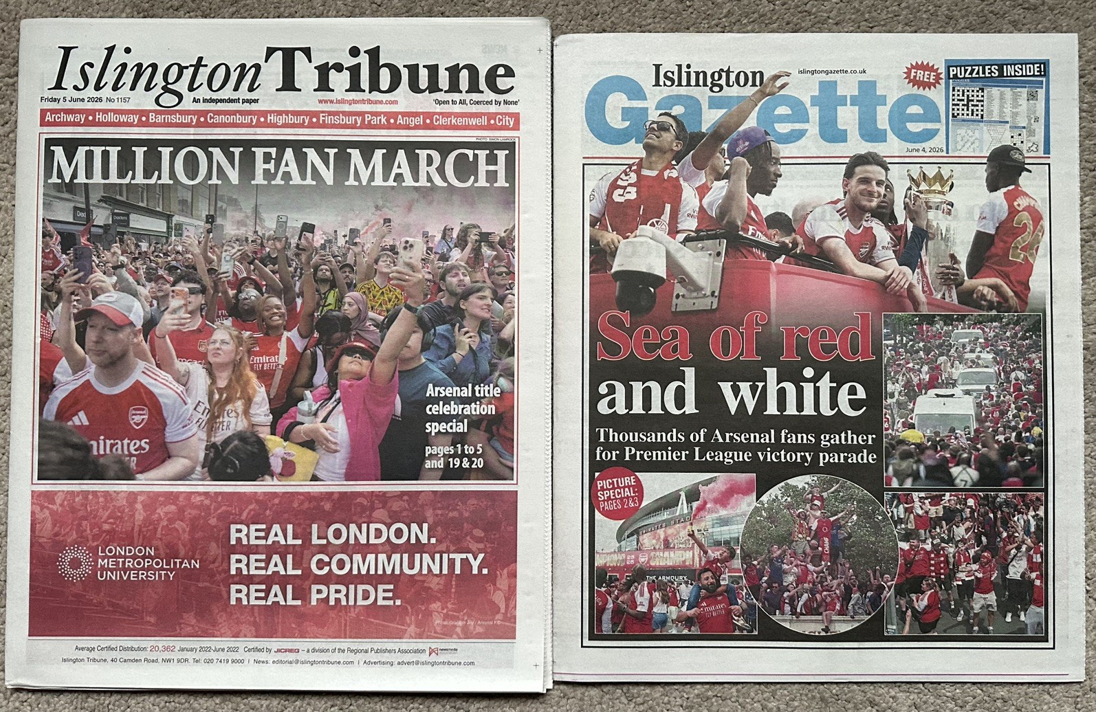 Islington Tribune & Gazette 5th June 2026 5/6/26 Arsenal Champions Title Parade