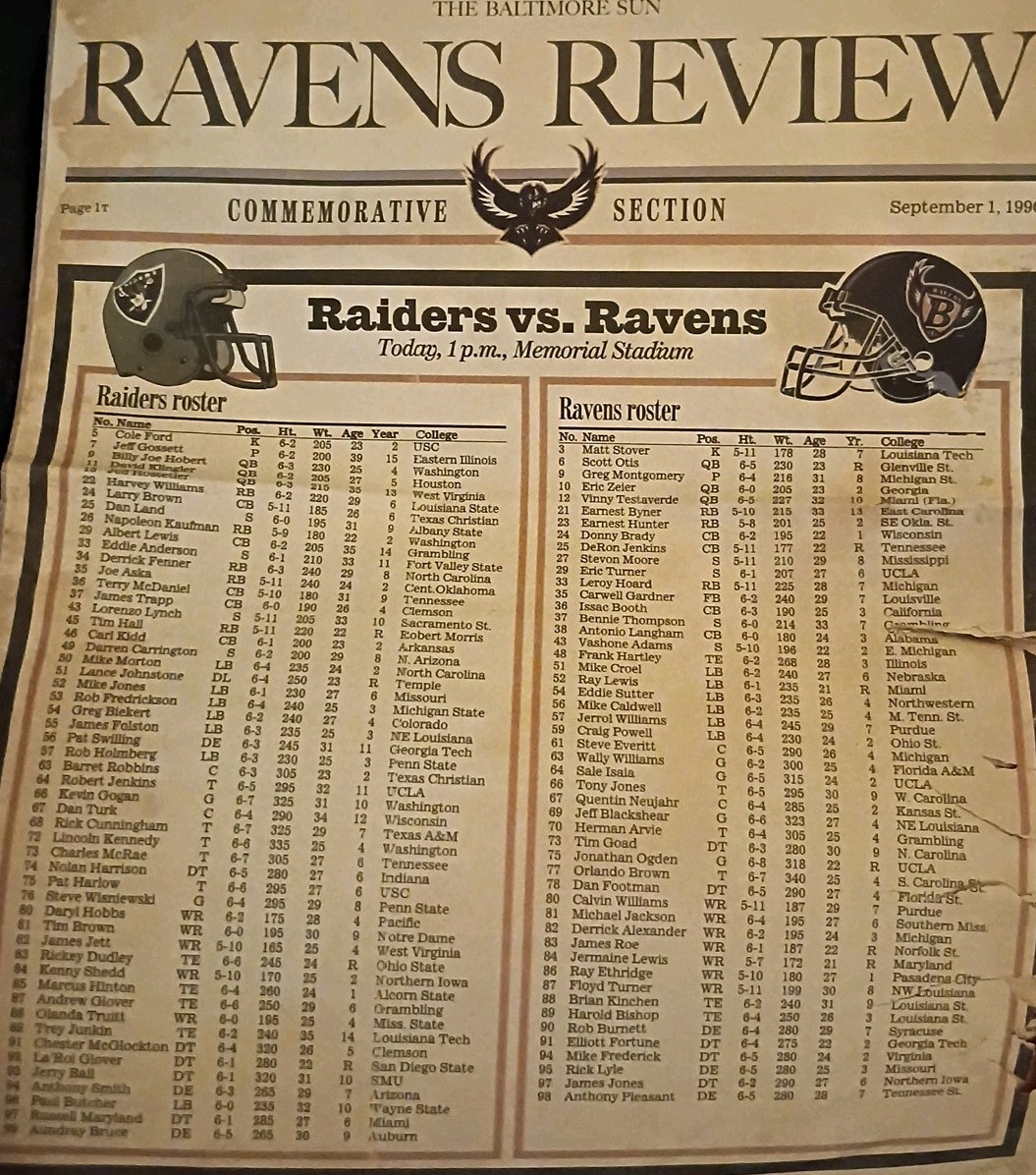 Commemorative Addition From The Baltimore Sun Of The Ravens First Game