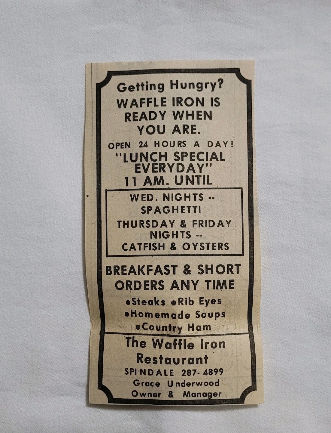 Vintage Waffle Iron Restaurant Spindale North Carolina Newspaper Advertisement
