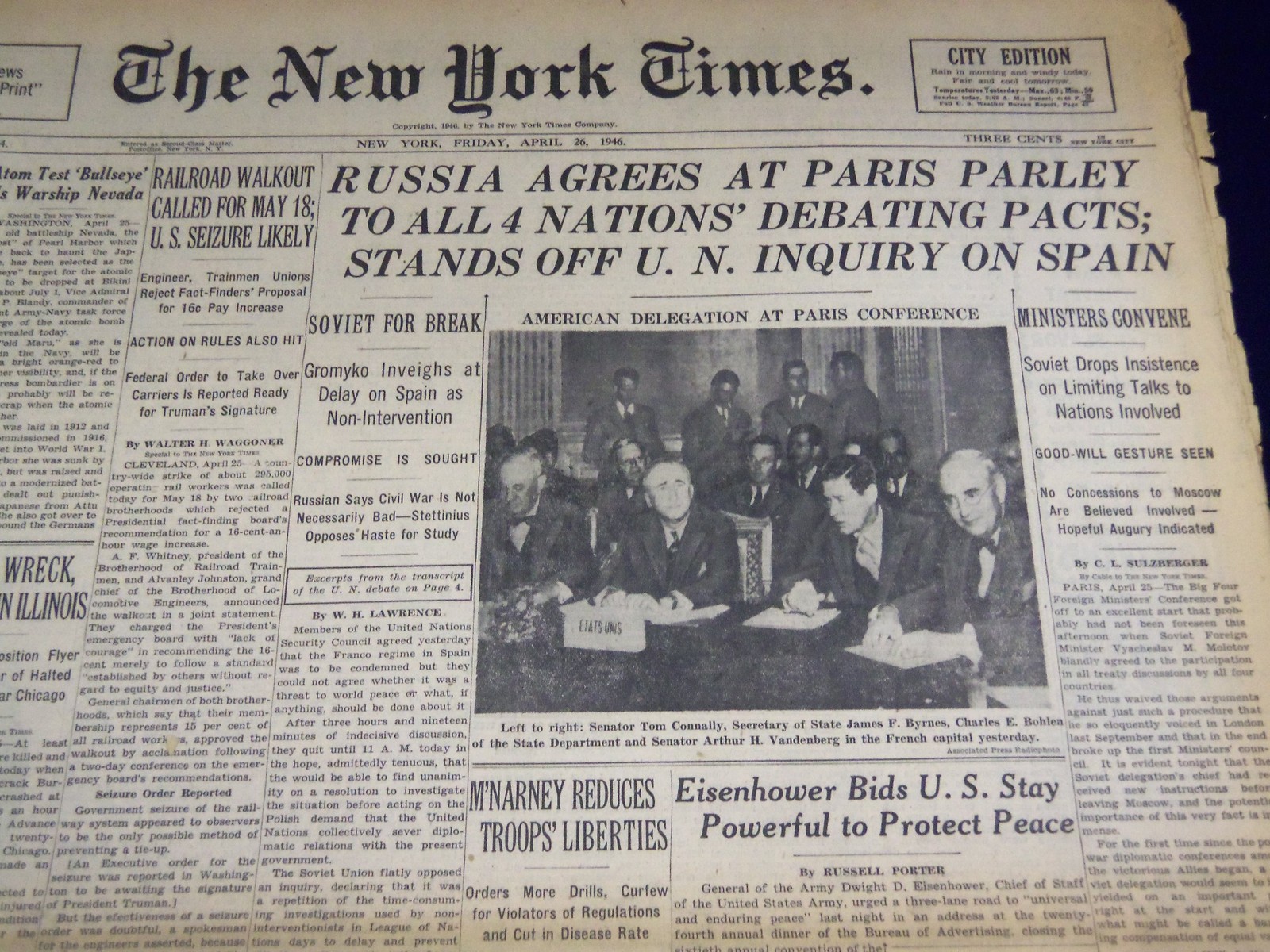 1946 APRIL 26 NEW YORK TIMES – AMERICAN DELEGATION AT PARIS CONFERENCE – NT 2302