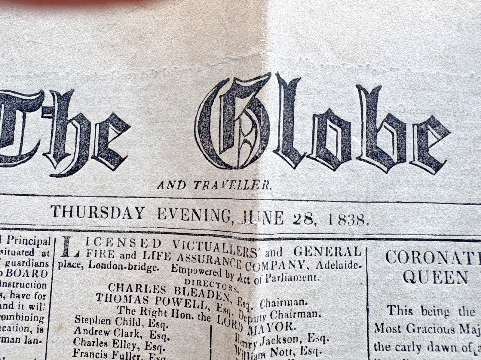 The Globe and Traveller June 28th 1838 Coronation of Queen Victoria