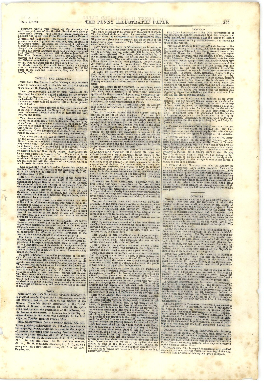 1869 Penny Ilustrated Paper, Slaves, Irish Problem, Wood Green Murders, Oz Meat