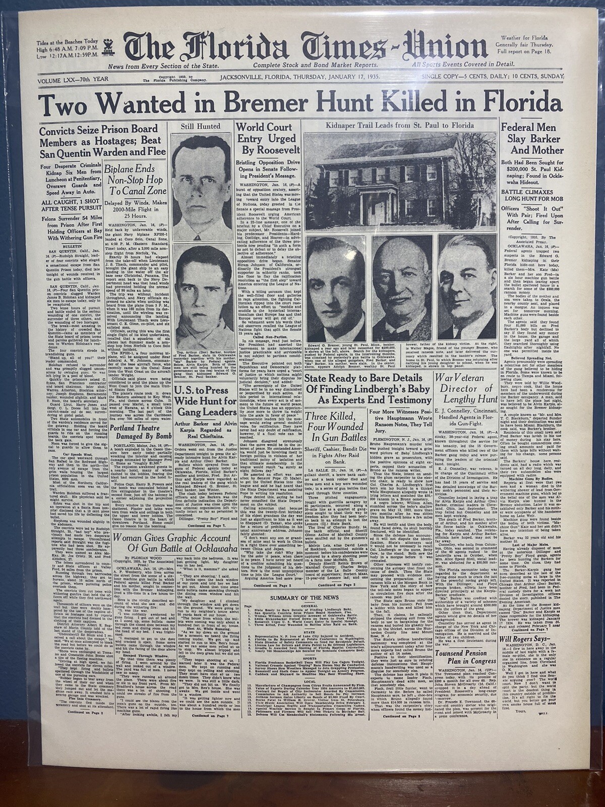 VINTAGE NEWSPAPER HEADLINE MA & FRED BARKER KILLED 1935 CRIME ALVIN KARPIS FLEES