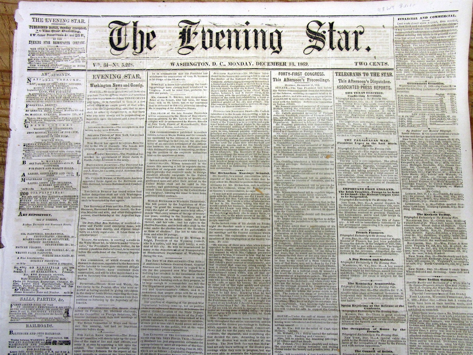 1869 newspaper WYOMING becomes the 1st STATE to pass a WOMEN SUFFRAGE ACT