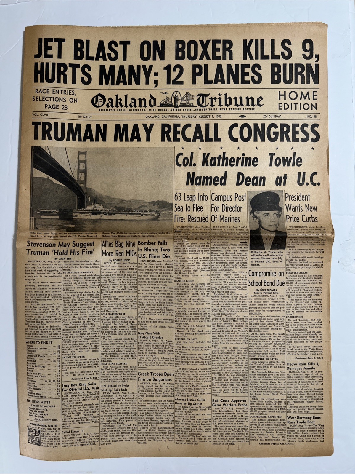 Oakland Tribune News Aug 1952 Katherine Towel, Berkeley, U.S. Carrier Boxer,