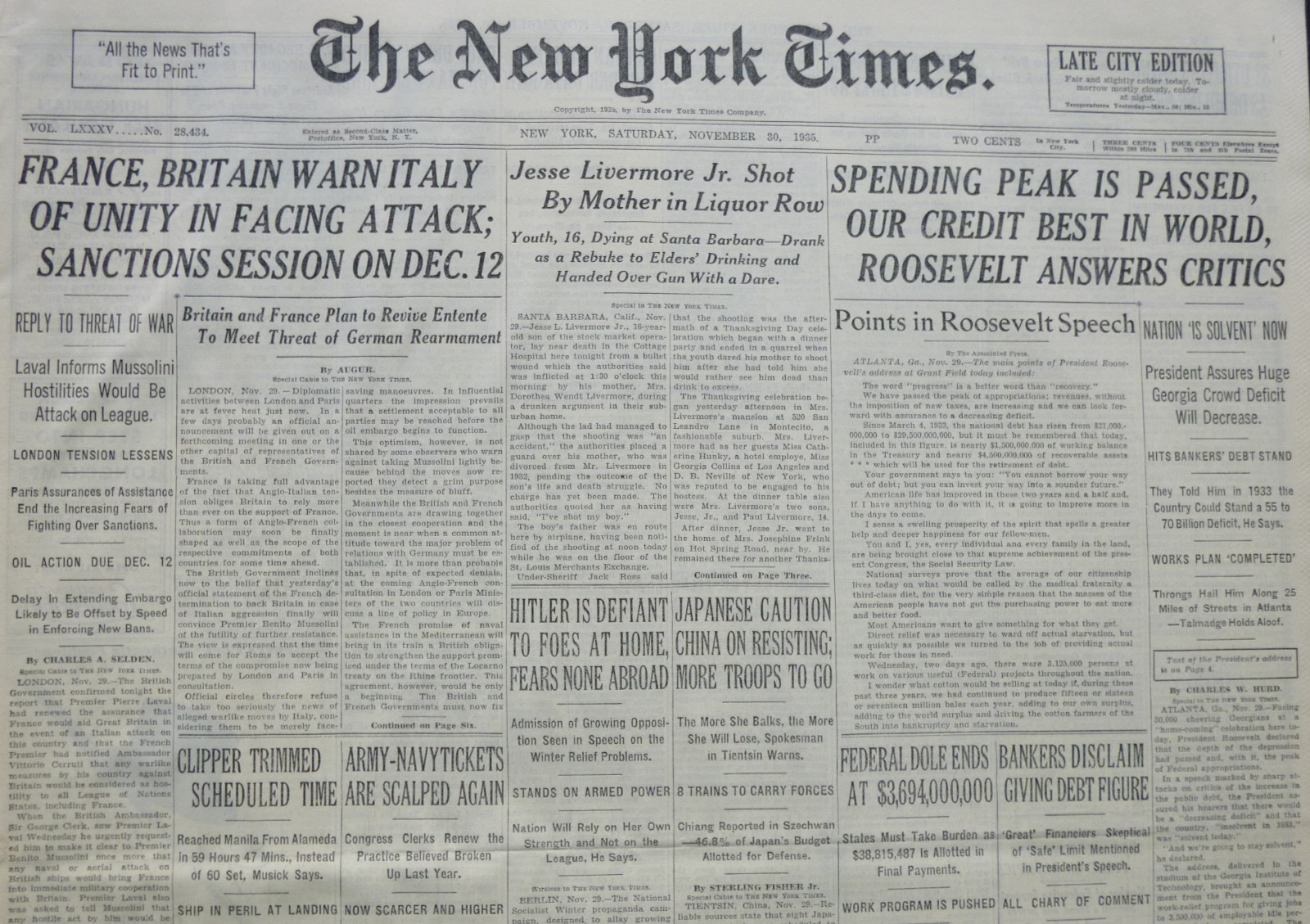 11-1935 November 30 HITLER IS DEFIANT TO FOES AT HOME FEARS NONE ABROAD. 80th