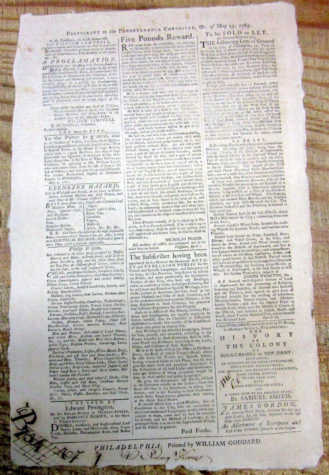 1767 Colonial PHILADELPHIA newspaper & extra WILLIAM PENN founding PENNSYLVANIA