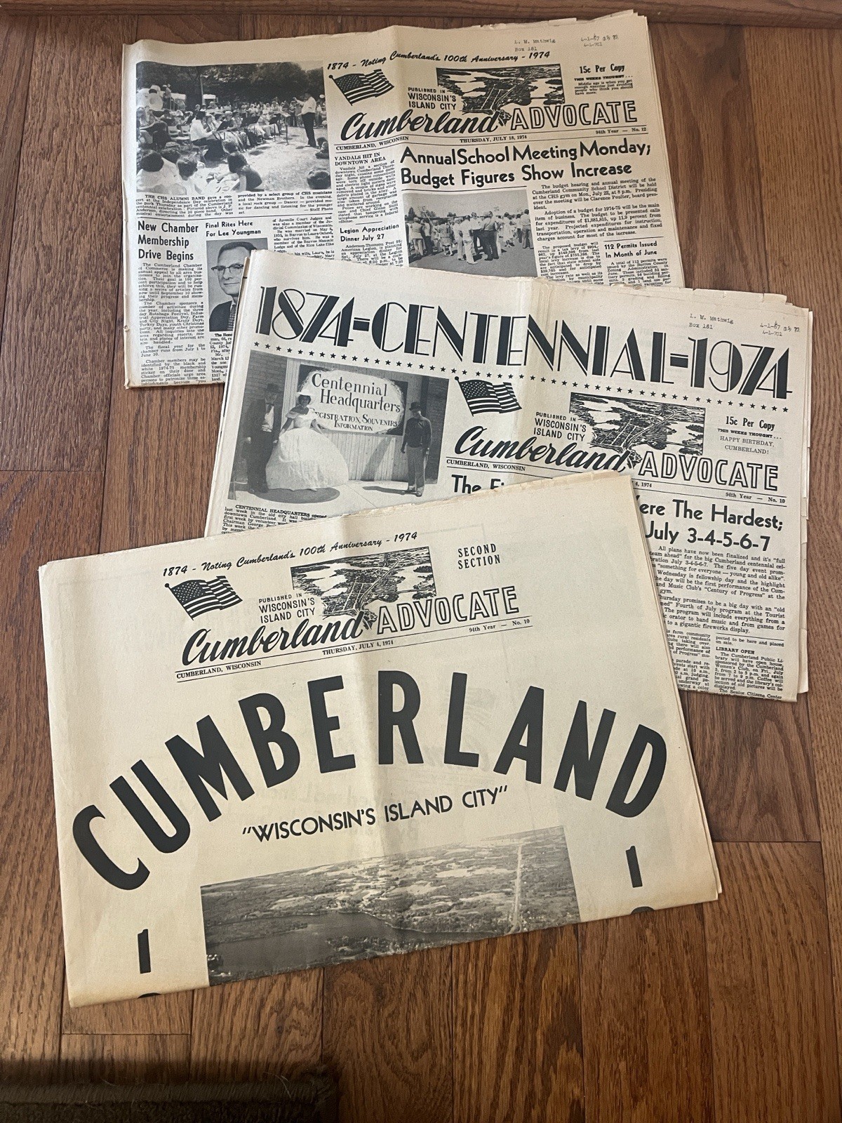 Lot of 3 Vintage Cumberland WI Advocate Centennial Edition Newspapers July 1974