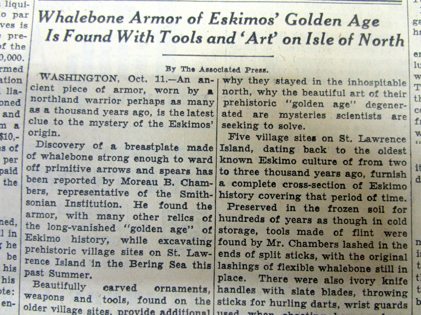 1931 NY Times newspaper ARTIFACTS of Early ESKIMO ORIGIN – INUIT in ALASKA