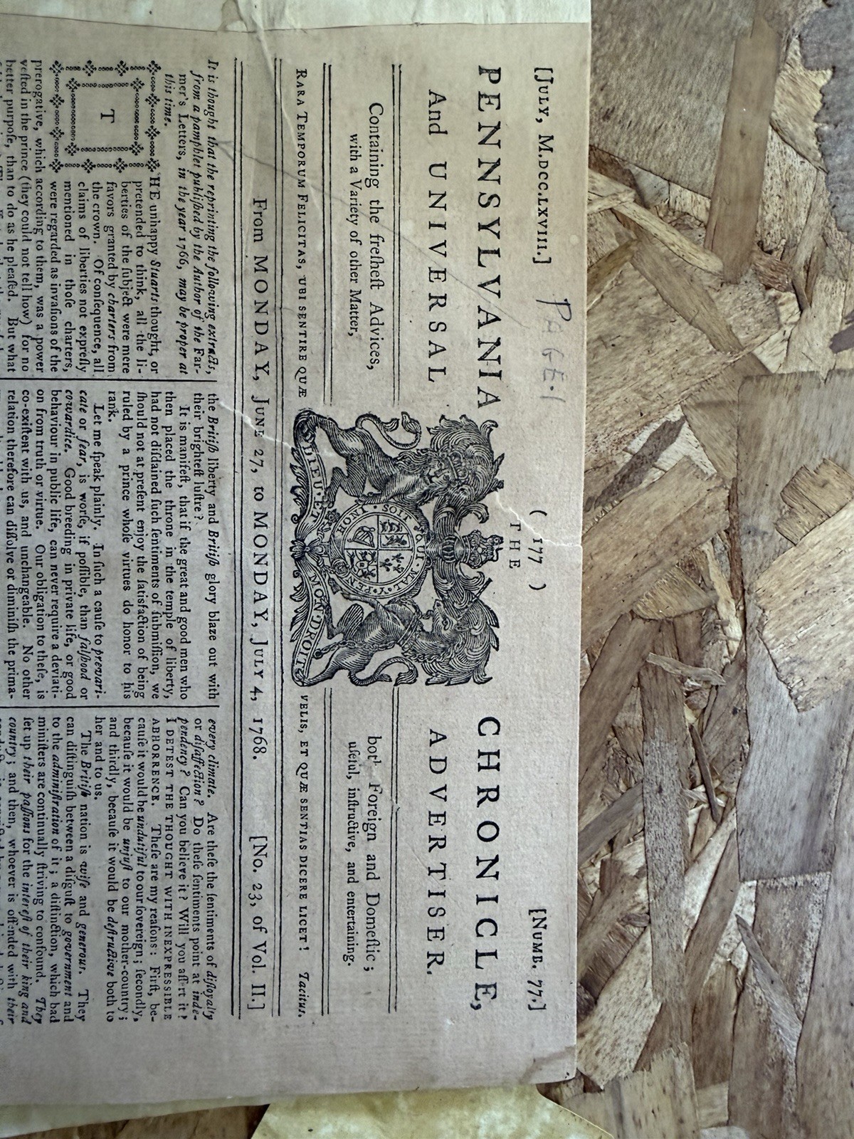 Pennsylvania Chronicle and Universal Advertiser Newspaper July 25–July 4, 1768