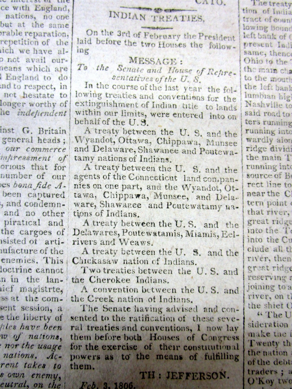 1806 newspaper with INDIAN TREATIES signed in type by PRESIDENT THOMAS JEFFERSON